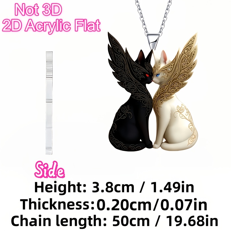 2D Flat Fashionable Cute Black and White Winged Cat Necklace Pendant